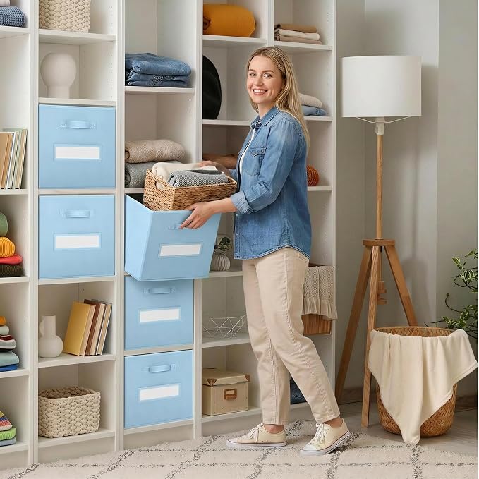 Storage Bins,11" Cube Storage Bin with Labels,10pcs,Pastel Blue | Fabric Storage Cubes for Shelves,11 Inch storage cube bins with 10 Labels Window Cards & a Pen. - Image 7