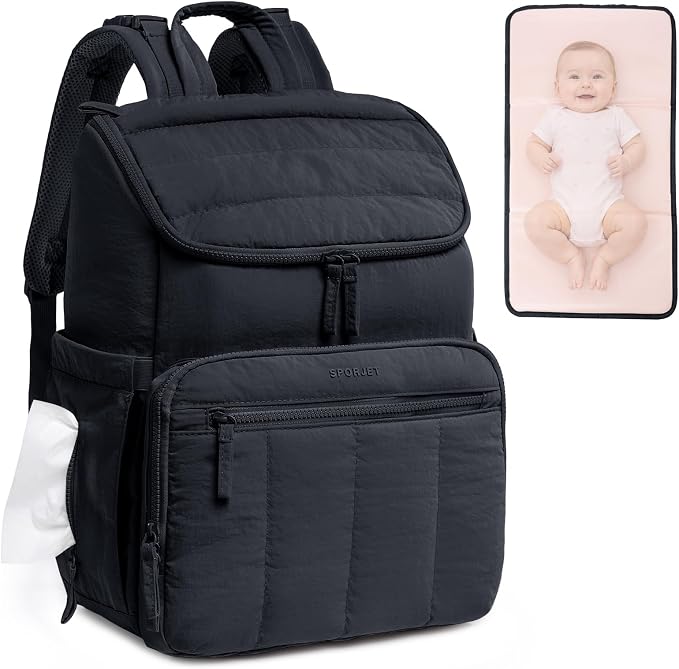 Puffy Diaper Bag Backpack for Mom, Lightweight Quilted Baby Bag with Waterproof Changing Pad, Large Travel Diaper Backpack with Insulated Bottle Pockets, Wipes Pocket, Stroller Straps by SPORJET