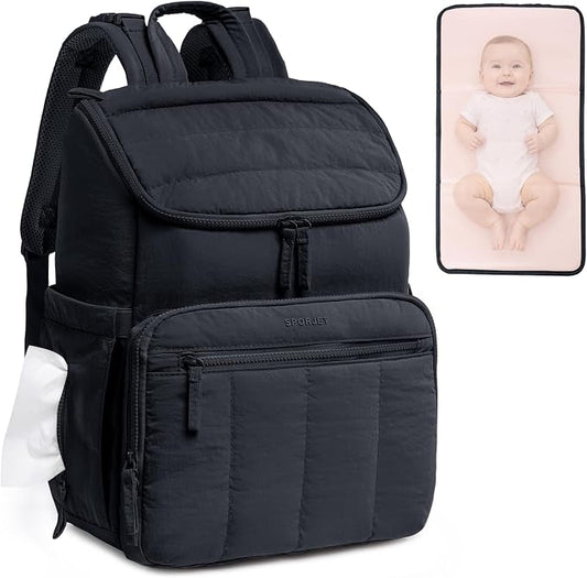 Puffy Diaper Bag Backpack for Mom, Lightweight Quilted Baby Bag with Waterproof Changing Pad, Large Travel Diaper Backpack with Insulated Bottle Pockets, Wipes Pocket, Stroller Straps by SPORJET