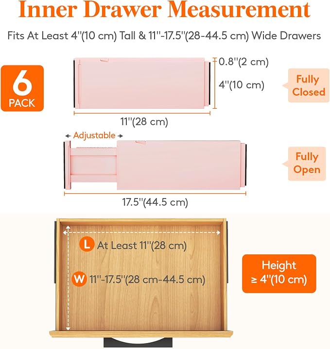 Lifewit 4" High Upgrade Drawer Divider, Adjustable Drawer Organizer Clothes | 6 Pack 11"-17" Expandable Pink Plastic Drawer Separator for Dresser, Kitchen, Closet, Nursery, Office Organization & Storage - Image 2