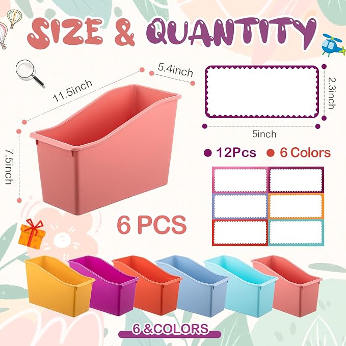 Geetery 6 Pcs Book Bin for Classroom with Labels Stackable Plastic Organizing Bins 11.5 x 5.4 x 7.5 in Book Holders Storage Bins Box Baskets for Classroom Library Home (Wildflower Color) - Image 2