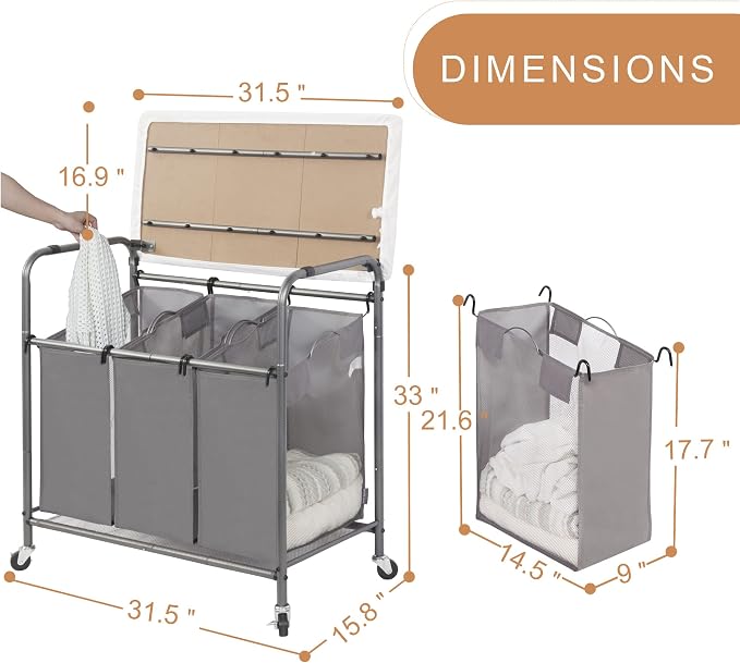STORAGE MANIAC 3-Section Laundry Sorter with Foldable Ironing Board, Heavy-Duty Rolling Laundry Cart with and Removable Bags, Triple Laundry Hamper with Wheels, Dark Grey - Image 6