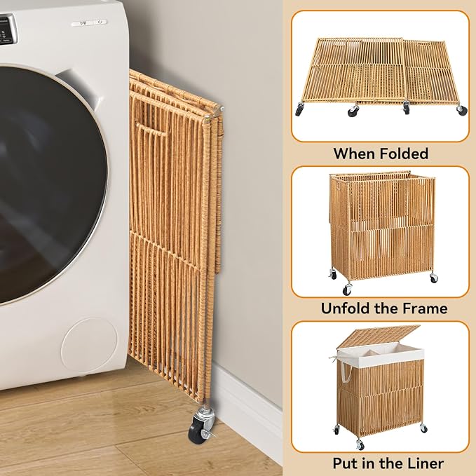 WOWLIVE Rolling Laundry Basket Wheels, Handwoven Laundry Hamper with Lid | Double Clothes Hamper with Divided Removable Bag, 115L Large Laundry Sorter 2 Section, Laundry Room Organization, Natural - Image 7