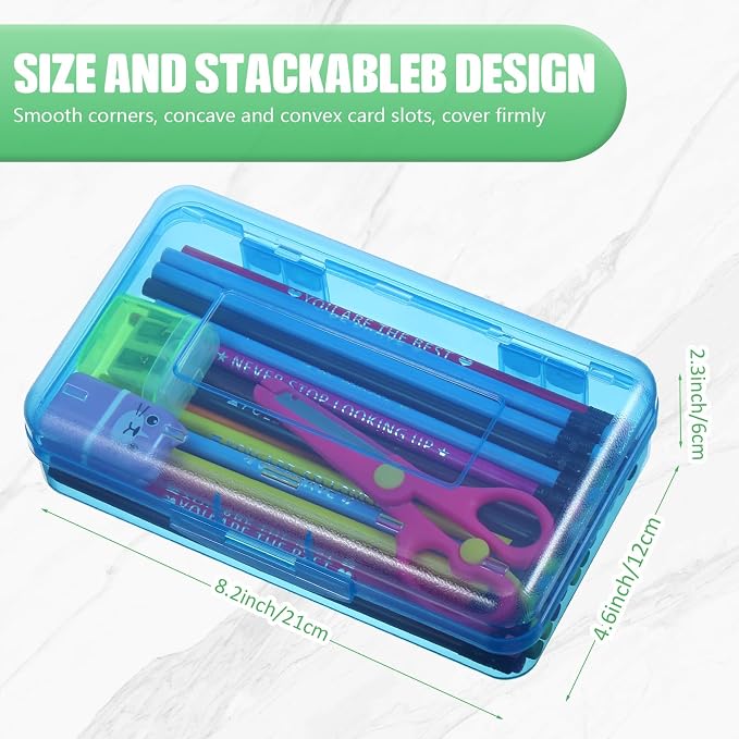 Fainne 24 Pack Clear Plastic Pencil Box,Red, Blue, Green | Stackable Organizer for School Supplies, Large Case for Crayons Markers, Snap-lid Keeps Stationery Secure, Bulk Set - Image 2