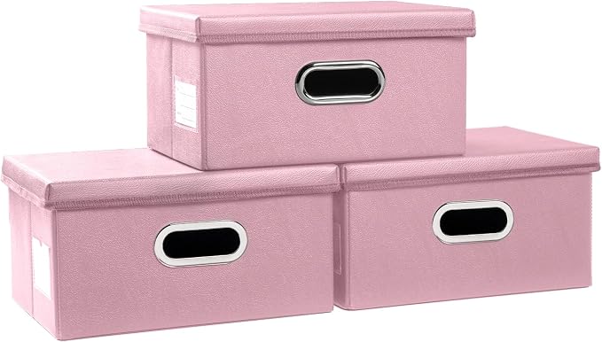 Collapsible Storage Box with Lid [3-Pack] Leather Fabric Foldable Storage Bin Organizer Container Basket Cube with Cover for Home Bedroom Closet Office Nursery Pink(13.6x9.6x6.9) by Prandom