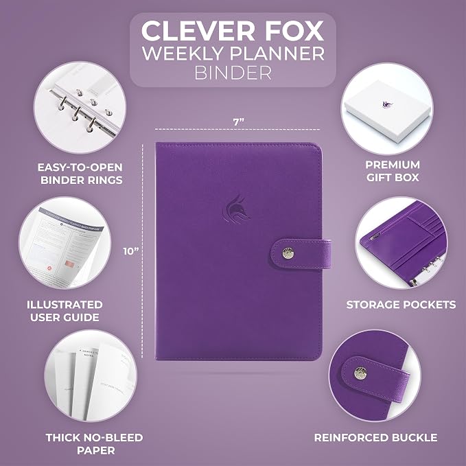 Clever Fox Weekly Planner Binder, Undated Daily A5 Eco Leather Purple | 7 x 10 in with A5 pages, mini 3 ring portfolio organizer, work time manager, day runner, agenda book with monthly calendars - Image 2