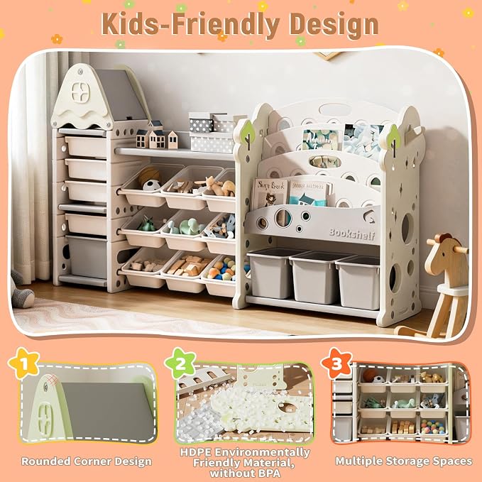 Pipleo Kids Toy Storage Organizer with 17 Removable Bins, 4-Tier Bookshelf for Kids, Multi-Purpose Castle-Shaped Toy Organizer for Playroom, Bedroom, Nursery, Living Room (Cream) - Image 5