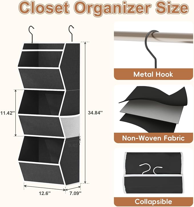 Hanging Closet Organizer Collapsible Bedroom Closet Organization, 3 Shelf | Closet Organizers and Storage Hanging with Mesh Pocket for Clothes, Closet Hanging Organizers and Storage for Wardrobe, Black - Image 3