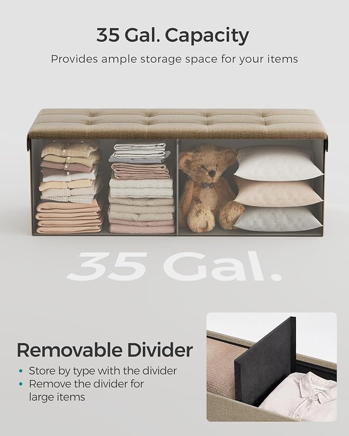 SONGMICS 43.3 Inches Folding Storage Ottoman Bench, Load 660 lb | Ottoman Foot Rest, Storage Chest, for Living Room, Entryway, Tan and Ink Black, MINOTA Collection ULSF077R01 - Image 5