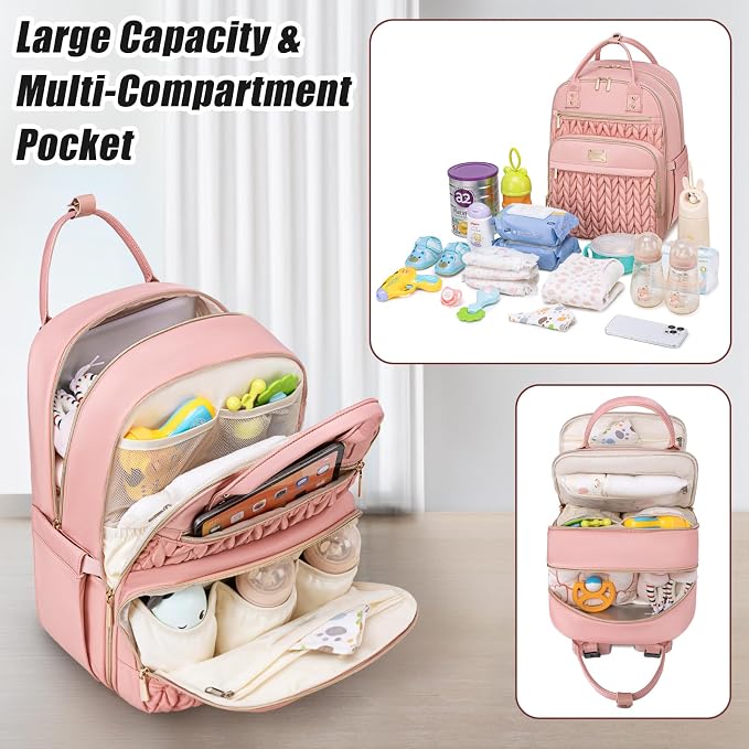 Tealari Diaper Bag Backpack,Stylish Baby Diaper Bag,Waterproof Travel Diaper Backpacks Baby Bags with Changing Pad,Stroller Straps,Insulated Pockets (Pink) - Image 6