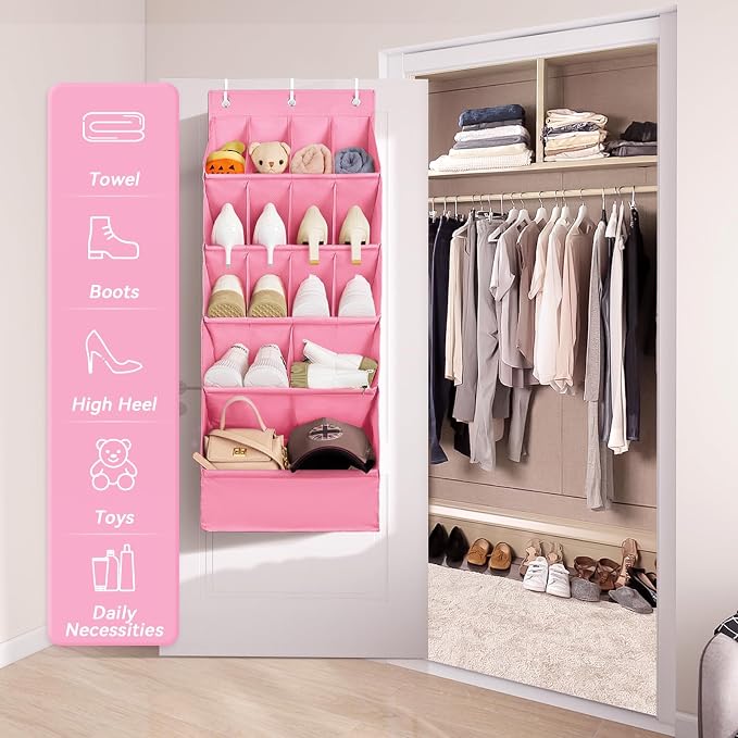 1 Pack Over-the-Door-Shoe-Organizers, Hanging Shoe Organizer Large Pocket | Shoe Holder Hanging Shoe Rack for Closet Shoe Organizer for Wall, Over Door Organizer with 15 Pockets for Boot, Sneaker, Pink - Image 5
