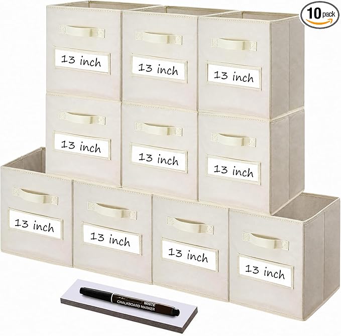 Storage Bins,13" Cube Storage Bin with Labels,10pcs,Beige | Fabric Storage Cubes for Shelves,13 Inch storage cube bins with 10 Labels Window Cards & a Pen. by Anyoneer