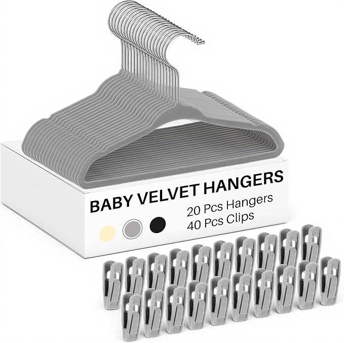 20 Pack Velvet Hangers for Baby & Kids, 11 Inch Non-Slip Infant Clothes Hangers with 40 Multi-use Adjustable Clips, Slim Space Saving Hanger for Nursery Closet, Toddler Skirts Pants Coat, Grey by Soaoo