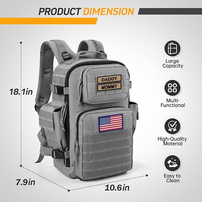 SHARKMOUTH Baby Diaper Bag for Dad - Military Diaper Backpack with Patches for Outdoor Hiking Travel Camping Park - Baby Shower Gifts Gray - Image 5