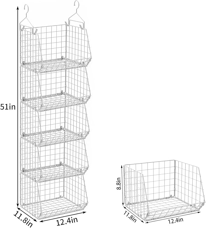 5 Tier Closet Hanging Organizer, Clothes Hanging Shelves with 4 Hanging Hooks 5 S Hooks, Wire Storage Basket Bins, for Clothing Sweaters Shoes Handbags Clutches Accessories Patent Design-White - Image 3