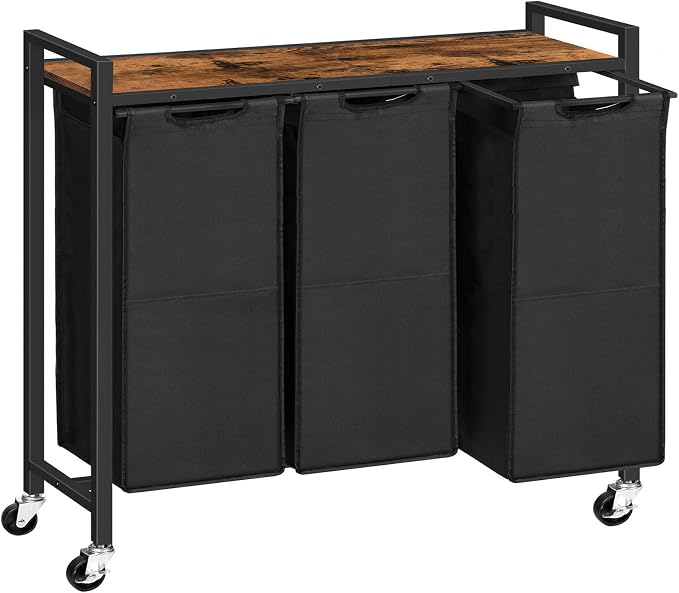 HOOBRO Laundry Sorter 3 Section, Laundry Hamper with Wheels, 3 × 11.5 Gal (43.5 L), Rolling Laundry Basket, Pull-Out and Removable Oxford Fabric Laundry Bags, Rustic Brown and Black BF76XY01 by HOOBRO