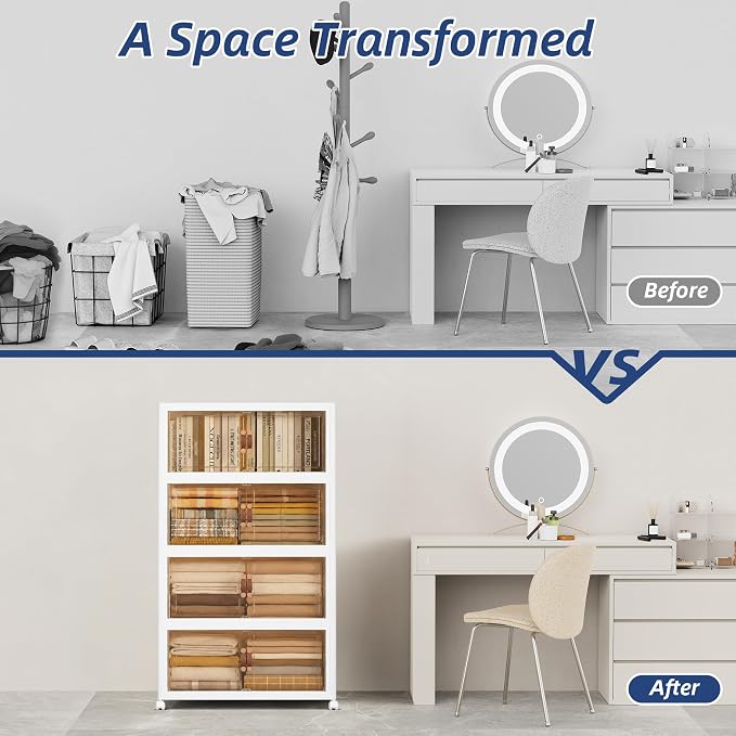 SAILUN 190QT/47Gal Stackable Storage Bins with a Lid, Collapsible Storage Bins With Doors, Folding Cabinet for Home Closet Organization,4 Pack-19.7" W x 12.6" D x 44.3" H White - Image 3