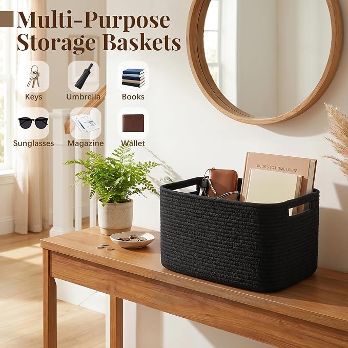 OIASKET 4Packs Natural Cotton Rope Storage Baskets for Organizing Toys, Clothes, Towels & Books, Soft Versatile Organizers for Shelves, Home Decorative Bins, 13''Lx9''Wx7.8''H, Black - Image 7