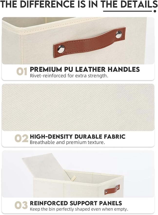 [6-Pack] Fabric Storage Bins Reinforced 2.5mm Cardboard Shelf Bins with PU Leather Handles (15x11x9.5 ) Durable Storage Baskets for Closet Organization, Toy Organizer, & Home Office Beige - Image 3