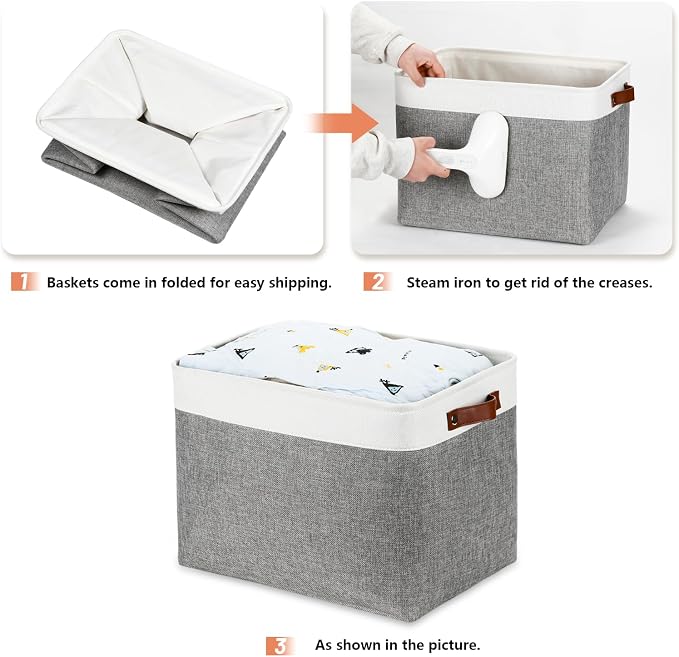 DULLEMELO Large Storage Baskets, Fabric Storage Basket with Leather Handles for Shelves Closet Nursery Toy Storage, Collapsible Fabric Baskets for Toy Book Magazine Towel Organizers(White&Gray) - Image 6