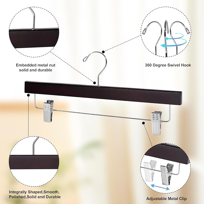 Quality Hangers Wooden Pants Hangers - 100-Pack Swivel Hook Cloth Hanger Set - Lotus Wood Skirt, Pant, Shorts and Slack Hangers with Adjustable Clip – Clothing Hanger Set (Mahogany, 100) - Image 2