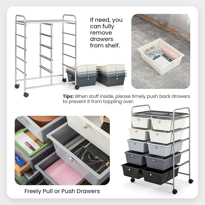 Giantex 10 Drawers Rolling Cart, Classroom Organizers, Storage Cart with Wheels, for Teacher Office Home School Supplies Tool Craft Art Paper, Gray Gradient - Image 5
