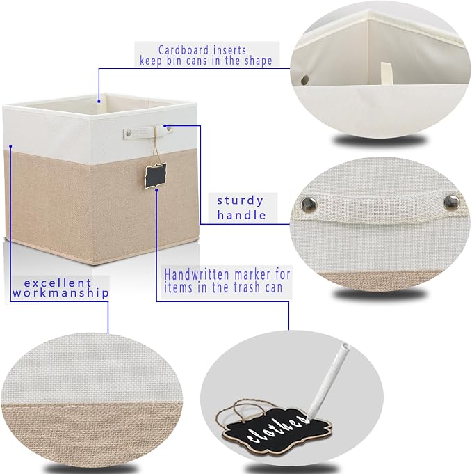 storage cubes 11x11x11Set of 4,Foldable Fabric Storage Cubes with Labels,Linen Cube Storage Organizer Bins Kallax Storage Cubes for Organizing Shelves Cabinet(White Khaki). - Image 5