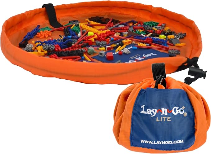 Lay-n-Go Layflat Portable Drawstring Cinch Storage Toy & Mini Figures Organizer & Play Mat, Mesh Pockets, Home & Travel, Kids & Toddlers Playdates, 2 Straps for Backpack, Durable, Machine Washable by Lay-n-Go