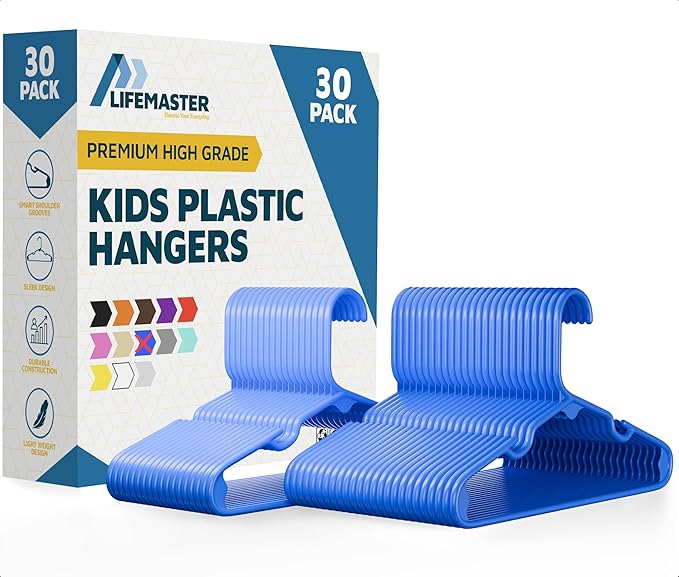 Lifemaster Plastic Kids Clothes Hangers – Children Clothes Hanger with Shoulder Notch, 11.6 Inch Space-Saving Closet Organizer for Baby, Toddler, and Kids Clothing, Hold Up to 5 lbs, Pack of 30, Blue by LIFEMASTER