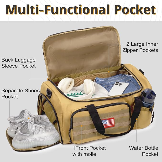 Tactical Gym Bag for Men, 40L Duffle Bag with Shoes Compartment for Travel | Water-Resistant Sports Weekender Bag with Adjustable Shoulder Strap Wet Pocket for Gym,Travel,Hiking,Camping Overnight Trips - Image 3