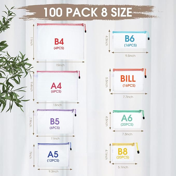 Kisston 100 Pcs Mesh Zipper Pouch Bags Bulk, 8 Sizes Plastic Zipper Bags, 8 Colors Waterproof File Pouches for Organization, Multipurpose Travel Pouches for Travel, Office, Board Game - Image 2