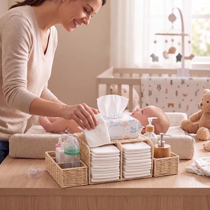 Large Wicker Diaper Caddy Organizer, Detachable Modular Changing Table Organizer for Nursery, Woven Diaper Storage Dispenser Basket for Nursery Diapering Baby Essentials Gift(White,Paper) - Image 4