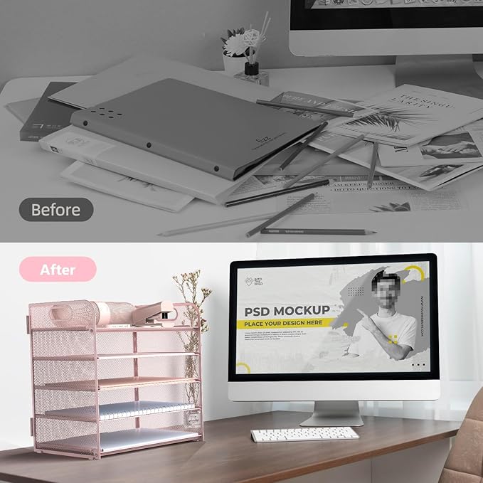 Sinboun Letter Tray Paper Organizer 5-Tier Desk Organizer File Organizer Paper Holder with Handle, Metal Desktop Document Shelf Tray Office Classroom Organization - Pink, PK5CENGTISHOU - Image 3