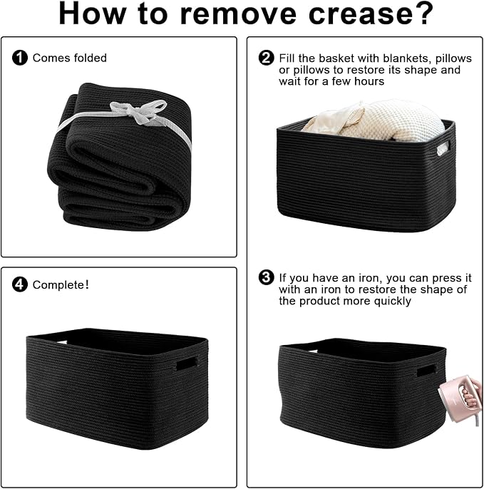 OIAHOMY 118L XXXLarge Cotton Rope Storage Basket, Oversized Blanket Basket, Used for Organizing Dirty Clothes in Living Room, Bedroom, Nursery, Dog Toy Storage Bins, 25" x 17" x 16",Black - Image 6