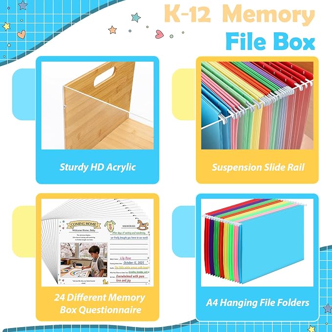 School Memory Organizer Box Kit K-12 School Year Memory Keepsake with 24 Different Memorys Questionnaire 24 Hanging File Folder 2 Label for Kid Storage Picture File Keeper(Rustic,Wooden,Acrylic) - Image 5