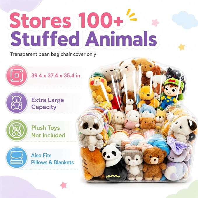 Clear Stuffed Animal Storage Bean Bag Chair Cover for Kids with Zipper | Transparent Waterparoof Wipe Clean Thicker PVC, Holds 150+ Stuffed Animals, Double Zipper for Plush Toys Storage & Organizing - Image 2