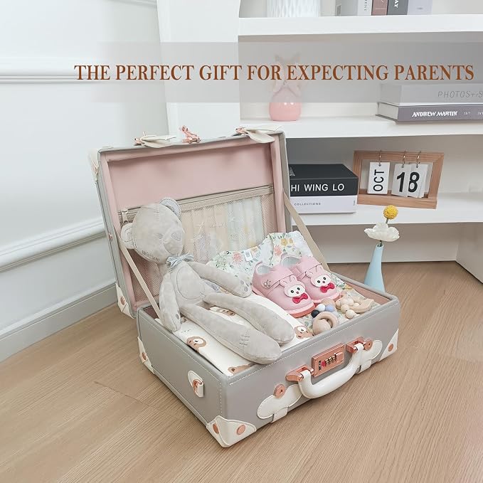 Unitravel Baby Keepsake Case, 16" Handmade Memory Storage Box, Newborn Keepsake Box, Vintage Suitcase for Baby Shower, Baptism, Naming Ceremony or Birthday (Grey) - Image 3