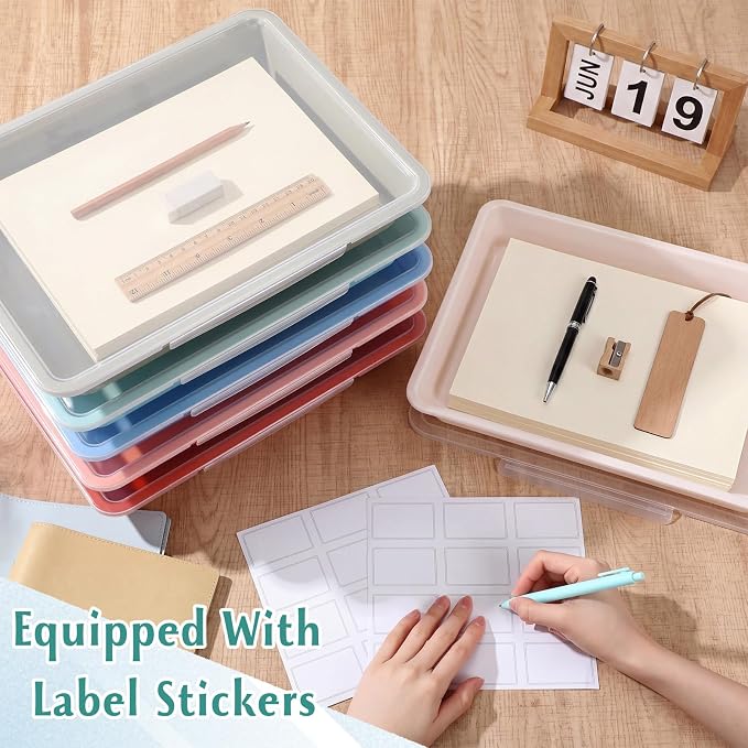 12 Pcs Classroom Paper Storage Bins with Clear Latching Lid, Label Stackable Letter Size Flat Tray Container for Teacher Back to School Supplies Home Office Desk Arts Crafts (Boho,13x10in) - Image 5