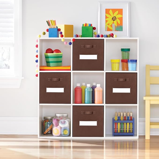 13x13x13 Storage cube bins(Set of 8) Fabric storage cubes with 8 Labels Window Cards & a Pen, Storage cubes 13x13, Collapsible 13 inch Cube storage bins, Cubby Organizer Boxes, Brown - Image 6