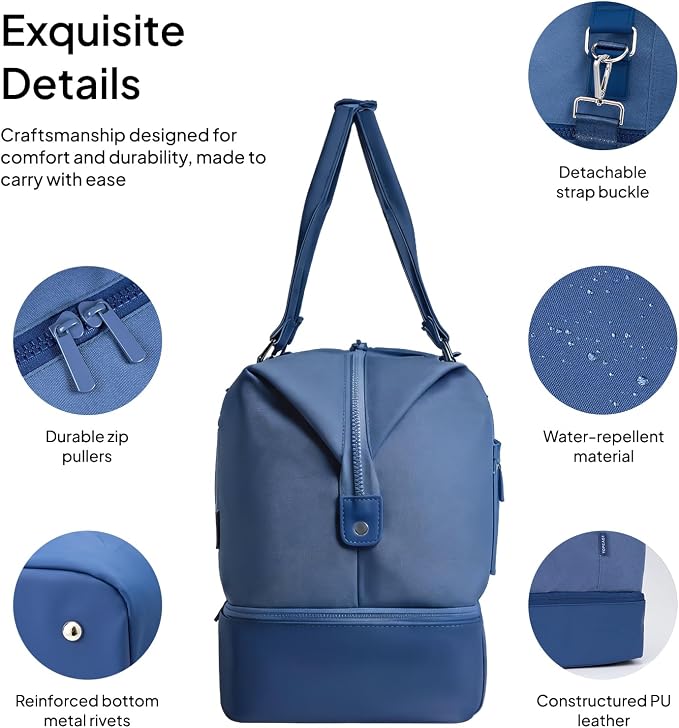 Travel Duffle Bag for Women, 40L Weekender Bags Airline Approved Carry On with Shoe Compartment & Waterproof Wet Pocket, Durable Nylon Weekender Overnight Bag for Travel, Gym, Business Trip, Blue - Image 6
