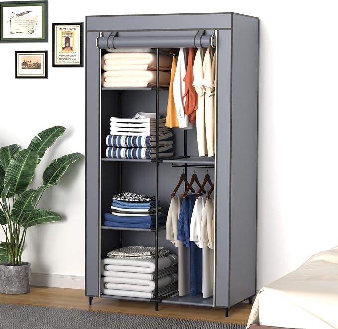 Gray Cover Portable Closet with 6 Shelves & 2 Hanging Rods | Wardrobe closet easy to assemble. Good storage functionality for basic needs. 34.6"×17.7"×66.1". Bedroom, dorm, apartment. - Image 2