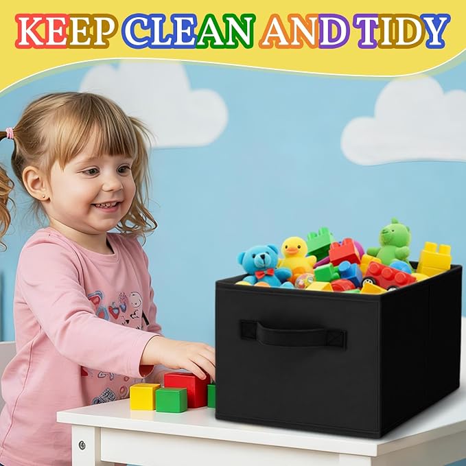 Yinder 4 Pcs Cube Storage Bin Black 14''x10''x8'' Storage Bins for Kids Classroom Decor Colorful Bins Foldable Baskets for Playroom Nursery Organizer Fabric Boxes - Image 3