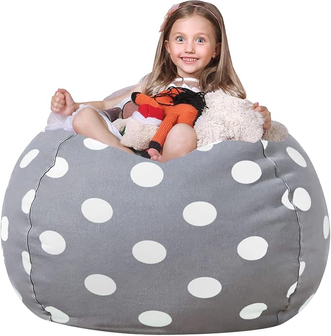 WEKAPO Stuffed Animal Storage Bean Bag Chair Cover for Kids | Stuffable Zipper Beanbag for Organizing Children Plush Toys Large Premium Cotton Canvas (Gray Dot, XX-Large) by Wekapo