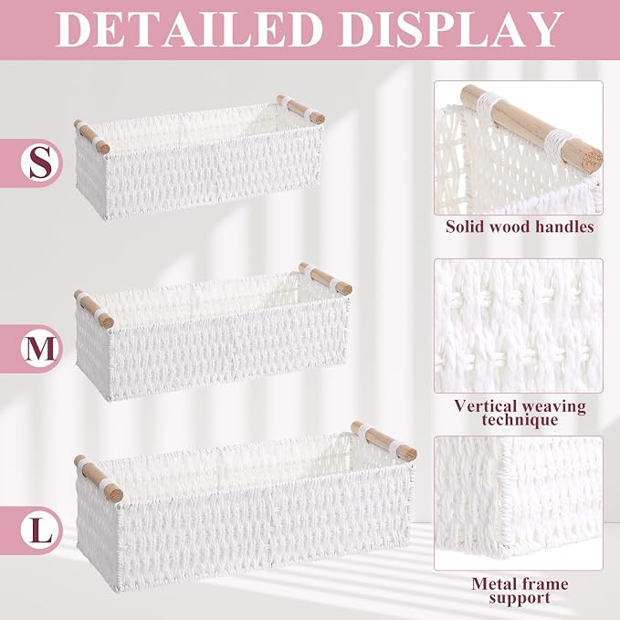 Boao 3 Pcs Boho Storage Wicker Baskets Handmade Woven Decorative Paper Rope Baskets for Organizing with Handle Countertop Toilet Paper Storage Container for Toilet Tank Top(White,Rectangle) - Image 3