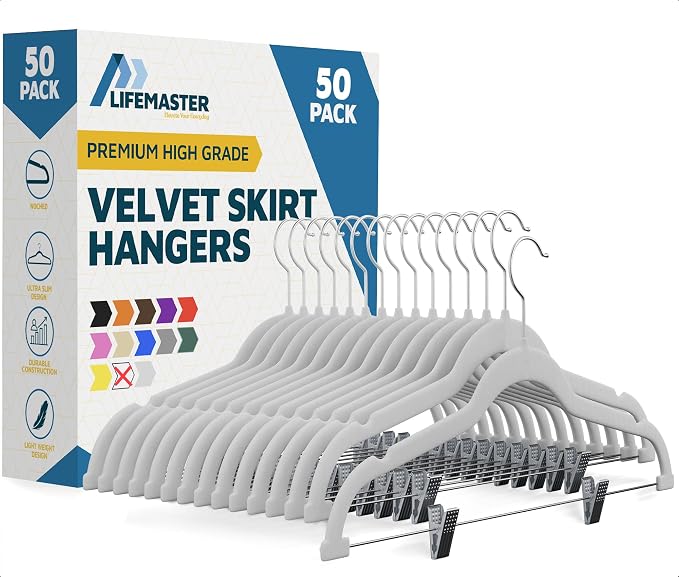 Lifemaster Velvet Skirt Hangers – with Adjustable Clips, 360 Degree Swivel Hook, and Non-Slip Shoulder Notch, Holds Up to 10 lbs, for Organizing Skirt, Pants, Dress, and Clothes, Pack of 50, White by LIFEMASTER