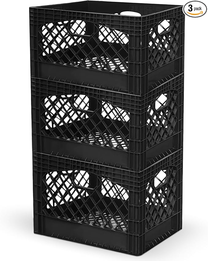Juggernaut Storage 3-Pack 24-Quart Heavy-Duty Plastic Stackable Milk Crates | Open Bin Basket with Handles, Organizers for Home, Office, Dorm, and Car Organization, Black by JuggernautStorage