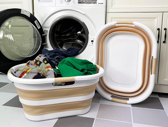 SAMMART 40L (10.5 gallon) Set of 2 Collapsible Plastic Laundry Hamper - Foldable Pop Up Storage Container/Organizer - Portable Washing Tub - Space Saving Basket (2, White/Beige) - Image 2