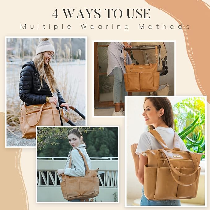 miss fong Diaper Bag Tote Baby Bag Leather Diaper Bag Backpack Large Diaper Tote Bag with 11 Pockets Changing Pad, Stroller Straps,4 Insulated Pockets - Image 2