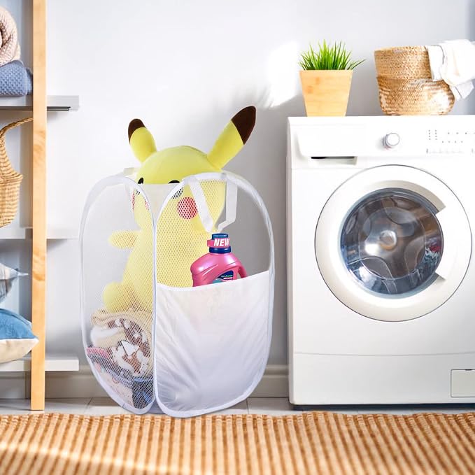 SUPNFOX 2 Pack Pop Up Mesh Laundry Baskets, Collapsible Washing Basket Popup Laundry Hamper, Foldable Laundry Bin Bag with Handles for Kids Room College Dorm Or Camping -White - Image 5