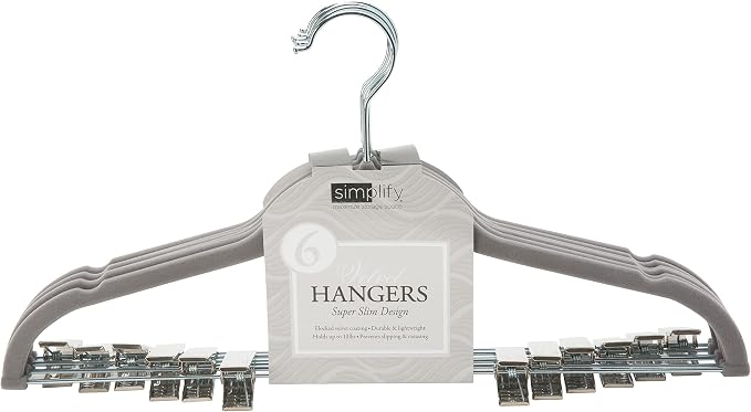 Simplify Velvet hangers - Plastic Hangers with Zink Hooks - Hangers for Pants, Shirts, Clothes - Grey - Pack of 6 - 0.16" x 16.93" x 9.06" by Simplify